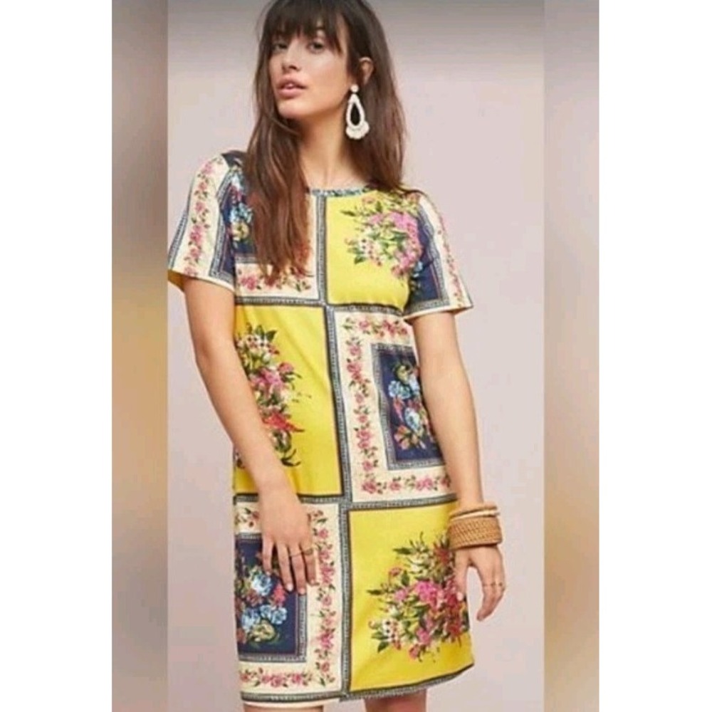 Farm Rio Anthropologie Yellow Patchwork Shift Dress Tropical Floral Midi Medium